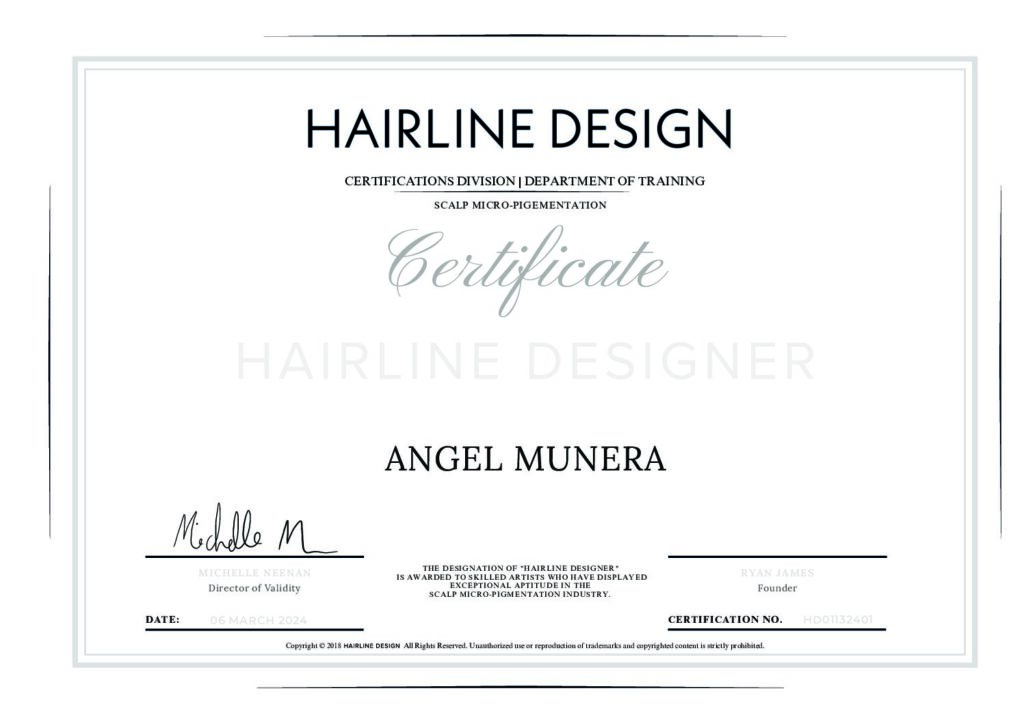 Certification By Hairline Design Dubai, Rated Best Scalp Micro Pigmentation studio.