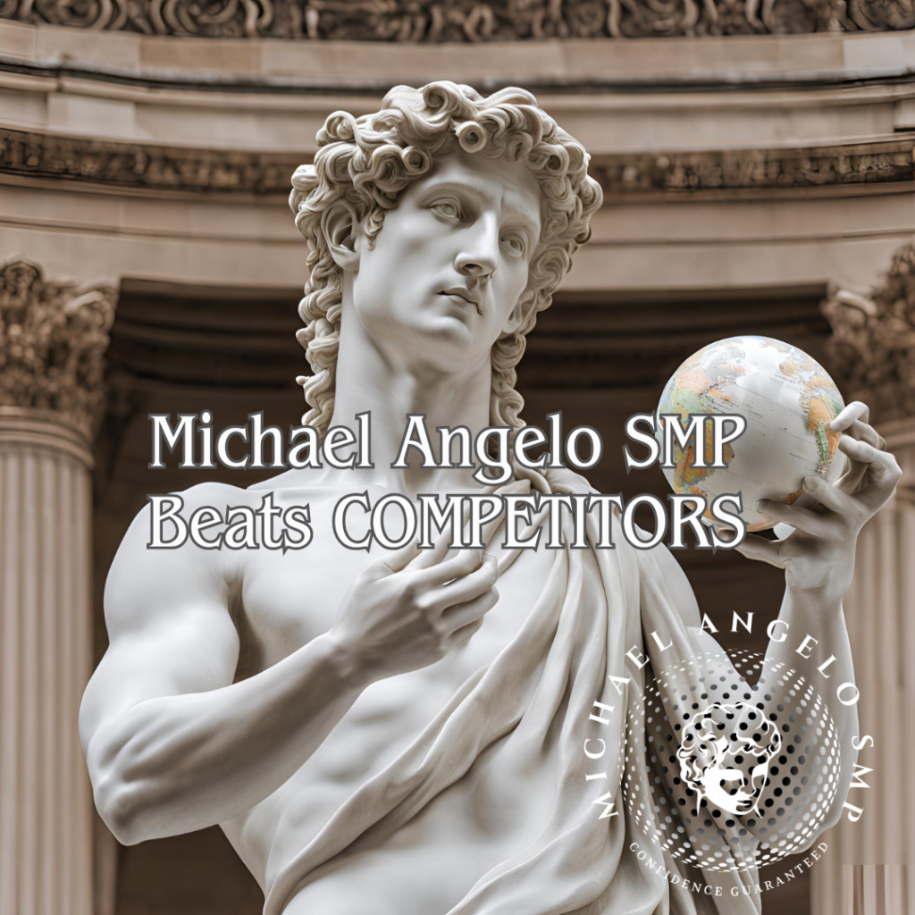 Michael Angelo SMP, as the statue of David  Holding the globe, (his competitors) in his hand. He has them beat!