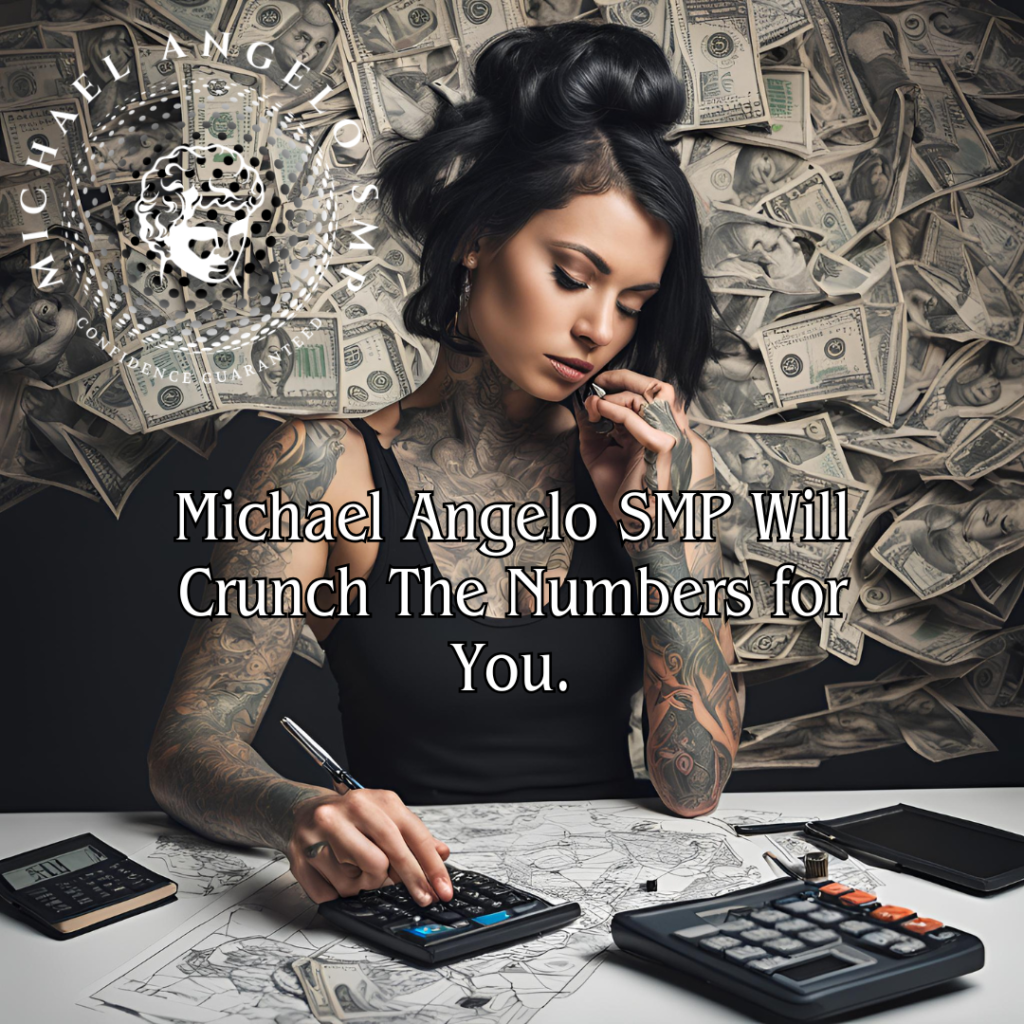 Michal Angelo SMP Breaking down Scalp Micropigmentation costs for you :). Female tattoo artist with pen and calculator crunching the numbers