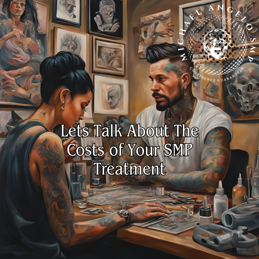 Example of Michael Angelo SMP Scalp Micropigmentation giving and in-person consultation! Male Artist talking to female client over the table discussing price.